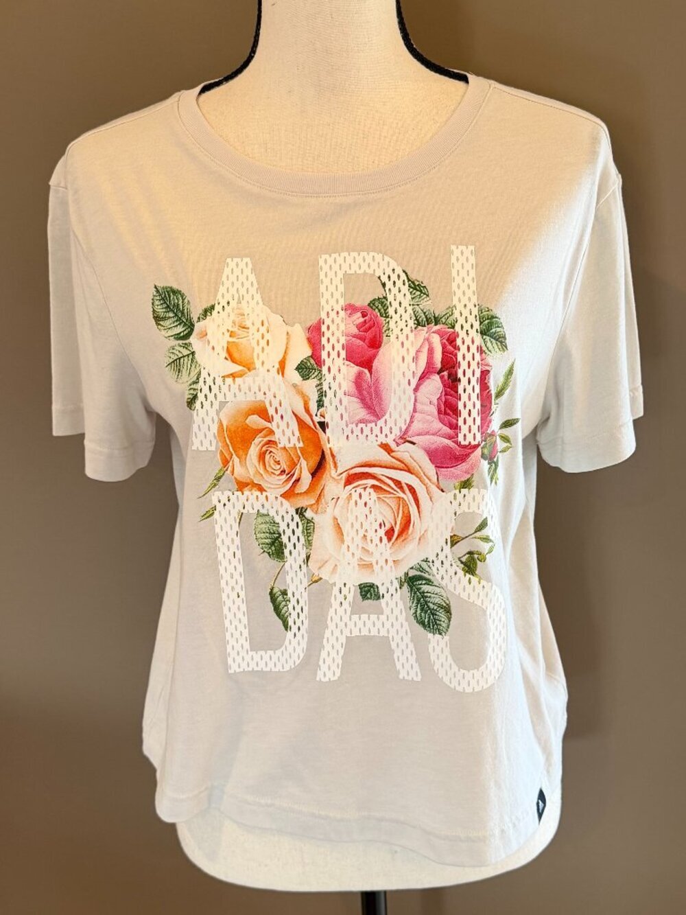 Adidas Women's Floral Cropped Short Sleeve Logo Graphic Tee, Size Medium